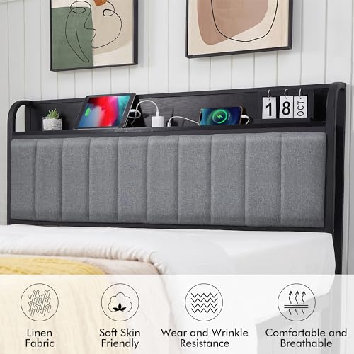 VECELO Full Bed Frame with Upholstered Headboard, Grey