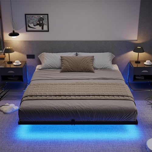 LED Floating Full Bed Frame with Heavy Duty Steel Slats
