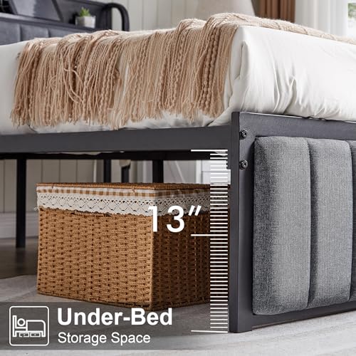 VECELO Full Bed Frame with Upholstered Headboard, Grey