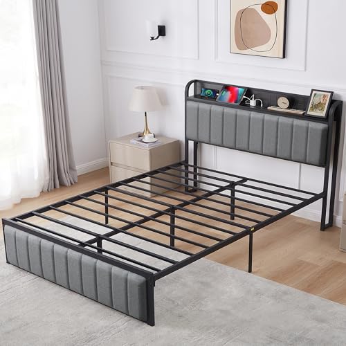 VECELO Full Bed Frame with Upholstered Headboard, Grey