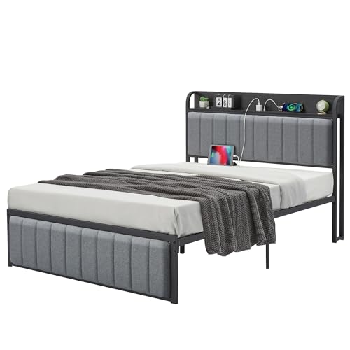VECELO Full Bed Frame with Upholstered Headboard, Grey