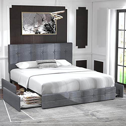 Allewie Upholstered Queen Platform Bed Frame with Storage Drawers