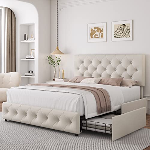 Cream Upholstered Queen Bed Frame with Storage Drawers