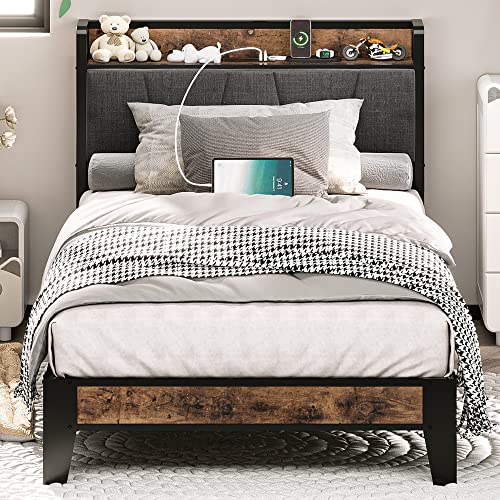 LIKIMIO Twin Bed Frame with Storage Headboard and Charging Station