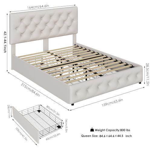 Cream Upholstered Queen Bed Frame with Storage Drawers