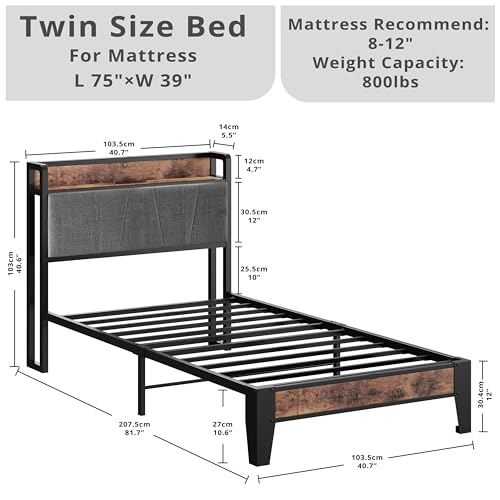 LIKIMIO Twin Bed Frame with Storage Headboard and Charging Station
