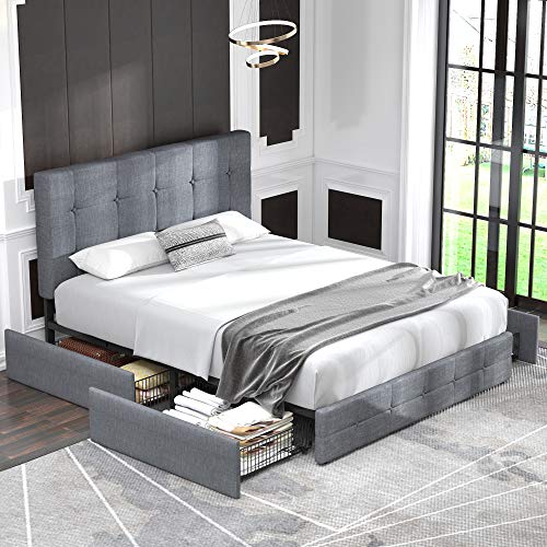 Allewie Upholstered Queen Platform Bed Frame with Storage Drawers