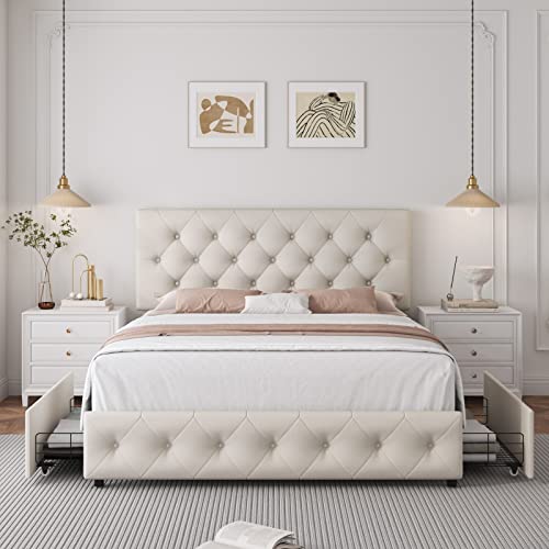 Cream Upholstered Queen Bed Frame with Storage Drawers