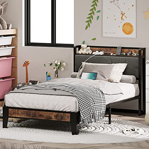 LIKIMIO Twin Bed Frame with Storage Headboard and Charging Station