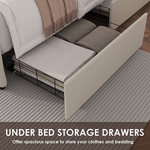 Cream Upholstered Queen Bed Frame with Storage Drawers