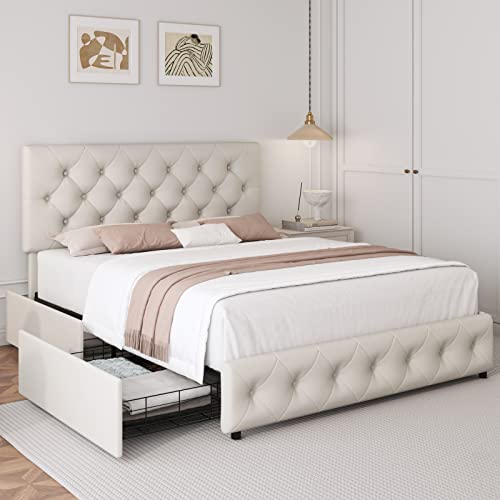Cream Upholstered Queen Bed Frame with Storage Drawers