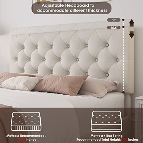 Cream Upholstered Queen Bed Frame with Storage Drawers