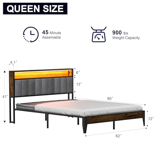 Queen Metal Platform Bed Frame with Storage & LED Headboard