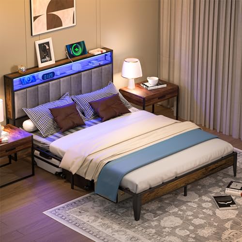 Queen Metal Platform Bed Frame with Storage & LED Headboard
