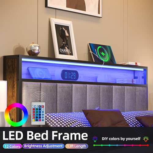 Queen Metal Platform Bed Frame with Storage & LED Headboard