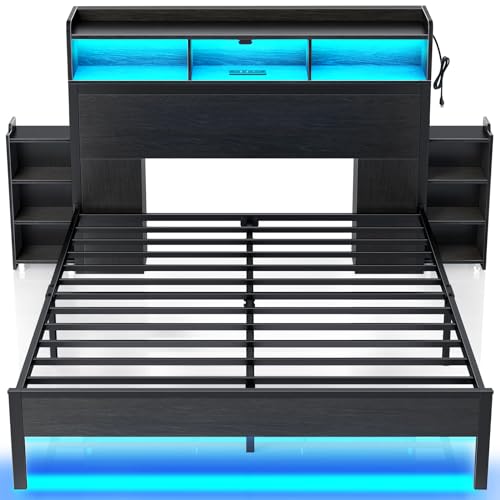 Queen Bed Frame with Bookcase Headboard & LED Lights