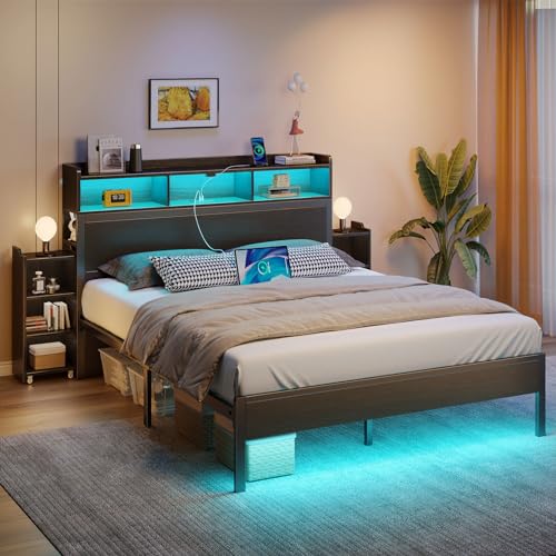 Queen Bed Frame with Bookcase Headboard & LED Lights