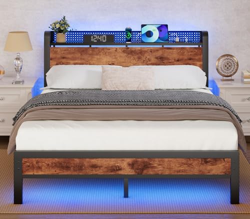 Industrial Queen Bed Frame with Charging, Storage & RGB LED Lights