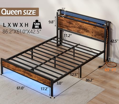 Industrial Queen Bed Frame with Charging, Storage & RGB LED Lights