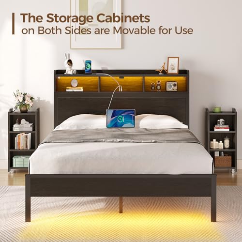 Queen Bed Frame with Bookcase Headboard & LED Lights