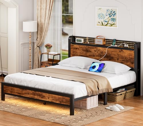 Industrial Queen Bed Frame with Charging, Storage & RGB LED Lights