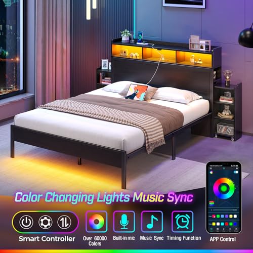 Queen Bed Frame with Bookcase Headboard & LED Lights