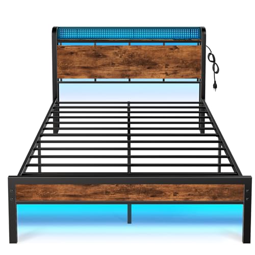 Industrial Queen Bed Frame with Charging, Storage & RGB LED Lights