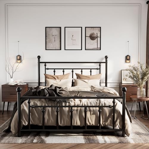Queen Size Metal Platform Bed Frame with Victorian Headboard