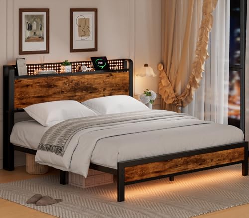 Industrial Queen Bed Frame with Charging, Storage & RGB LED Lights