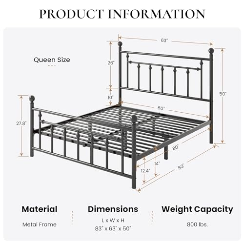 Queen Size Metal Platform Bed Frame with Victorian Headboard