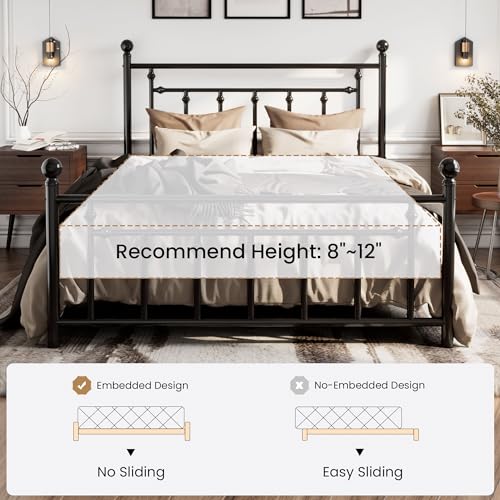 Queen Size Metal Platform Bed Frame with Victorian Headboard