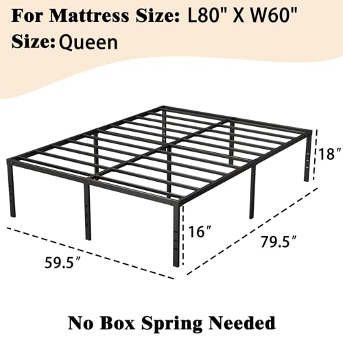 18" Heavy Duty Steel Queen Bed Frame, No Box Spring