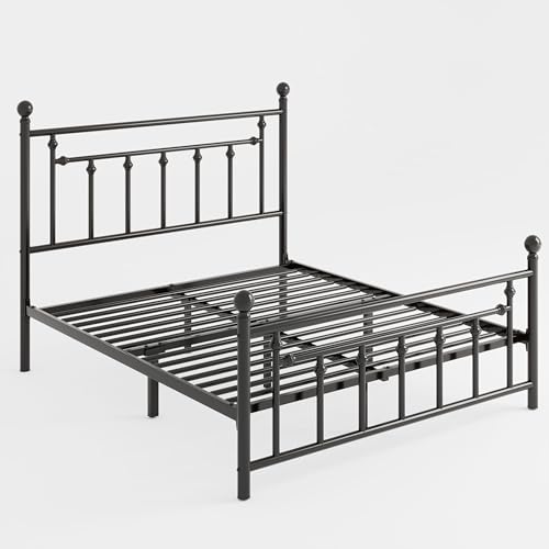 Queen Size Metal Platform Bed Frame with Victorian Headboard