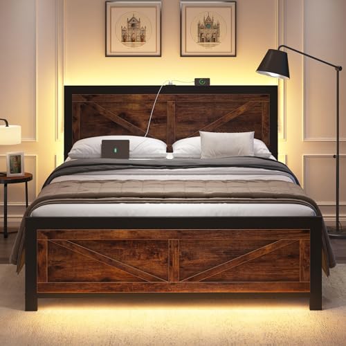 LED Bed Frame Queen Size with Charging Station, Industrial