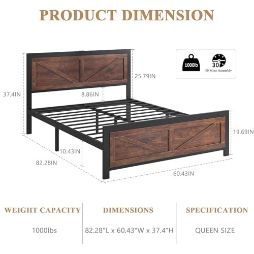 LED Bed Frame Queen Size with Charging Station, Industrial