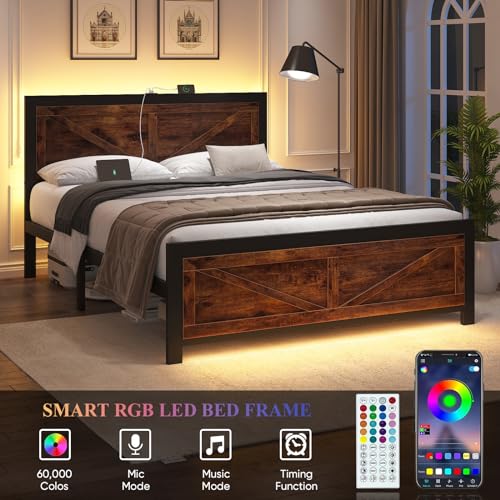 LED Bed Frame Queen Size with Charging Station, Industrial