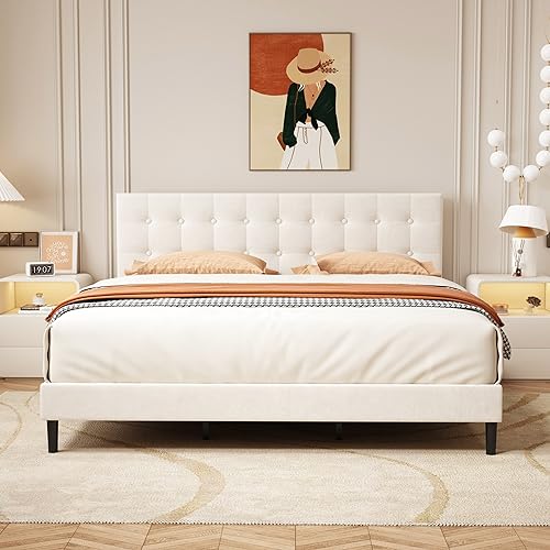 King Size Beige Upholstered Platform Bed with Diamond Tufted
