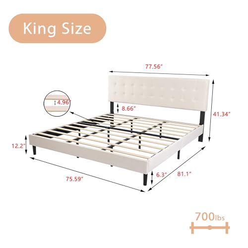 King Size Beige Upholstered Platform Bed with Diamond Tufted