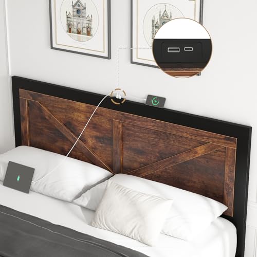 LED Bed Frame Queen Size with Charging Station, Industrial