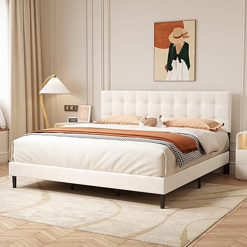 King Size Beige Upholstered Platform Bed with Diamond Tufted