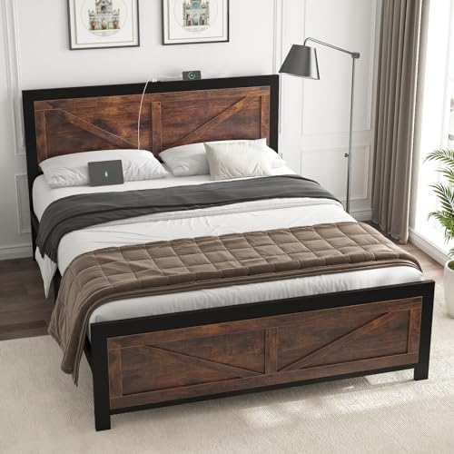 LED Bed Frame Queen Size with Charging Station, Industrial