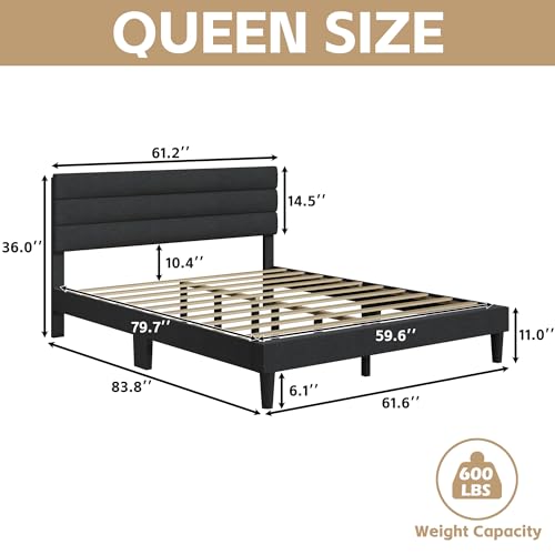 Upholstered Queen Bed Frame with Wooden Slats Support
