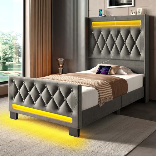 Rolanstar Upholstered Twin Bed Frame with LED Light