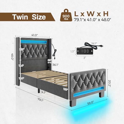 Rolanstar Upholstered Twin Bed Frame with LED Light