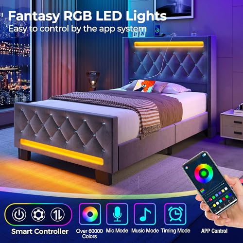 Rolanstar Upholstered Twin Bed Frame with LED Light