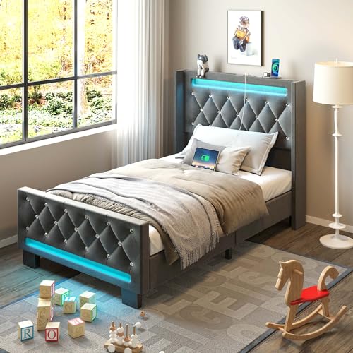 Rolanstar Upholstered Twin Bed Frame with LED Light