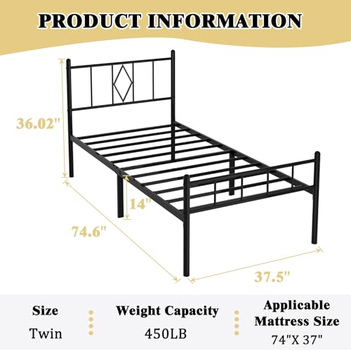 Black Twin Metal Bed Frame with Headboard, Footboard