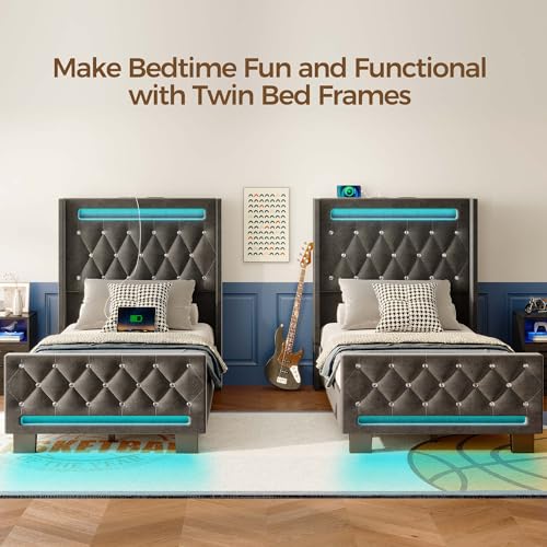 Rolanstar Upholstered Twin Bed Frame with LED Light