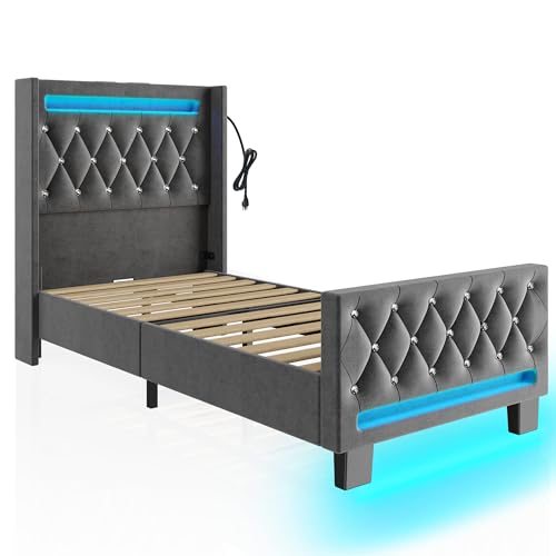 Rolanstar Upholstered Twin Bed Frame with LED Light