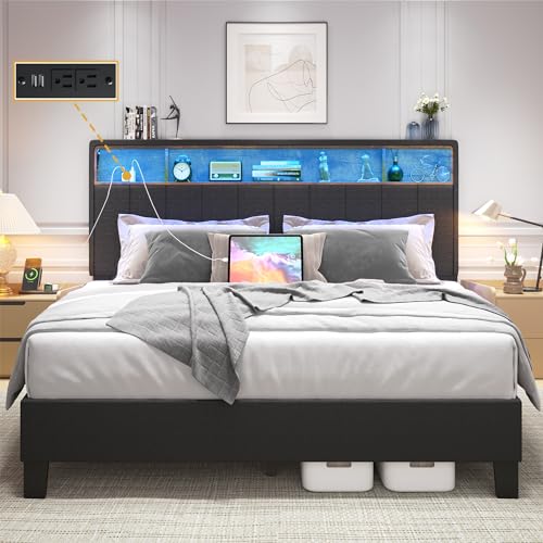 Queen Bed Frame with Storage Headboard, Upholstered with LED